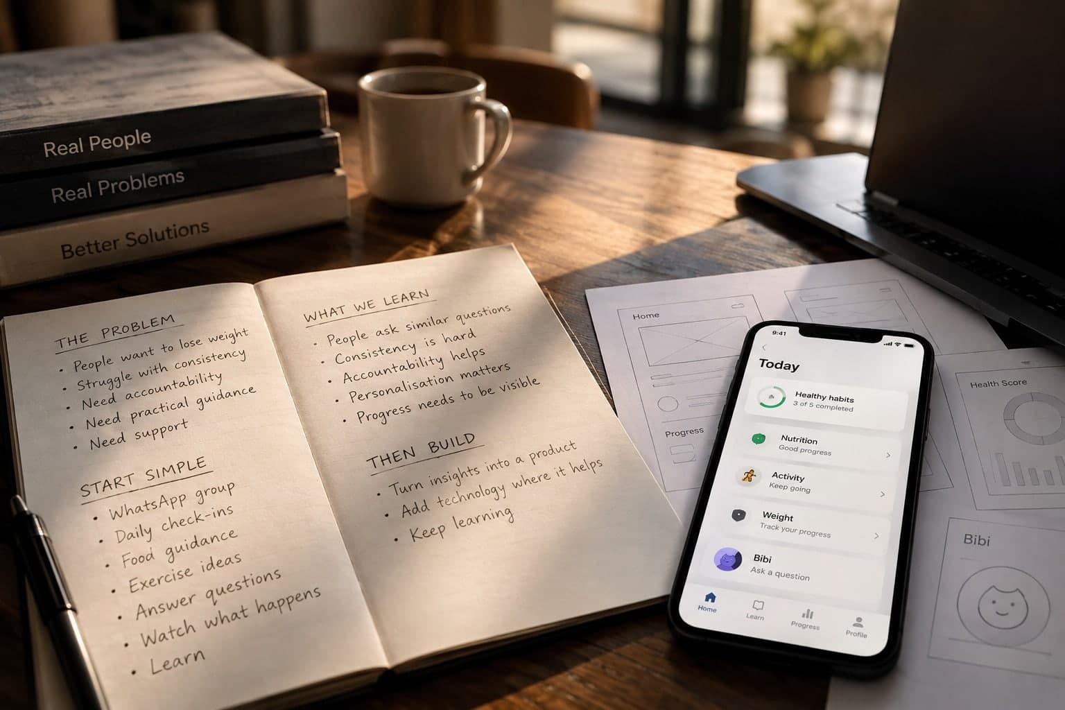 An open notebook of handwritten notes (the problem, start simple, what we learn, then build) beside a phone showing the Fitness Space app